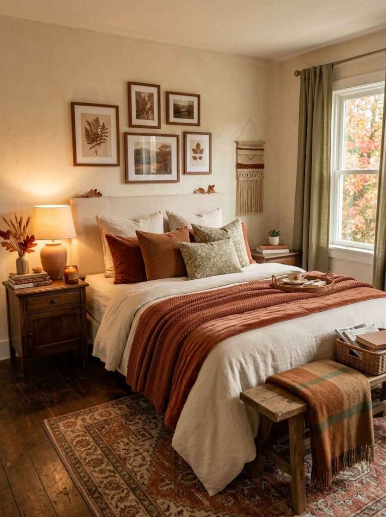 Cozy fall bedroom featuring a framed botanical and landscape art gallery wall above a neutral upholstered bed. (fall bedroom ideas)
