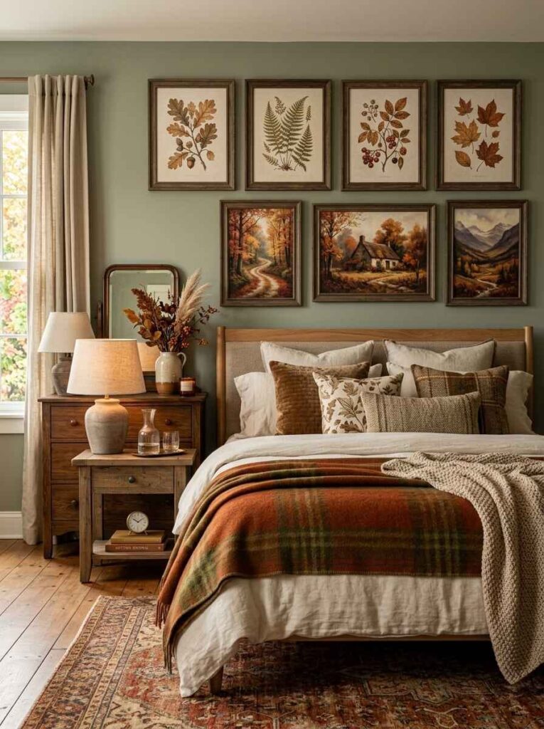 Sage green bedroom wall featuring an autumn gallery wall with seven framed botanical and landscape art prints.
