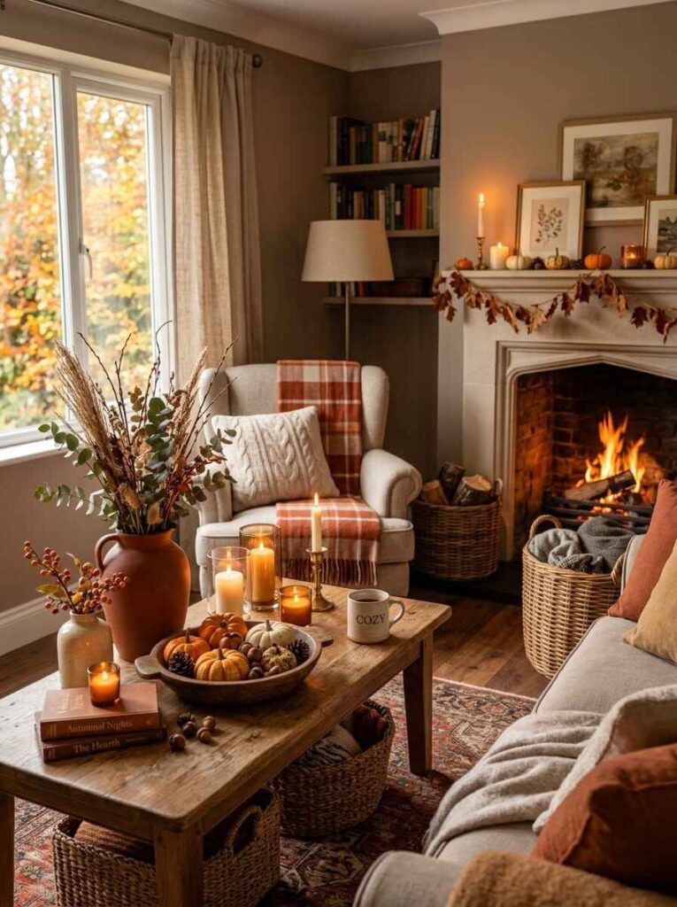 Rustic wooden coffee table styled with a dough bowl of mini pumpkins, glowing pillar candles, and dried eucalyptus branches.