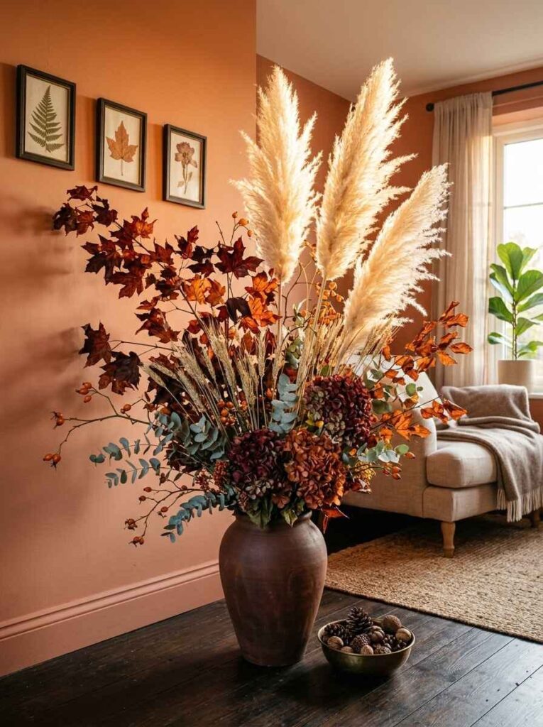 Large terracotta floor urn filled with tall fluffy pampas grass, wheat stalks, dried eucalyptus, and autumn leaves.