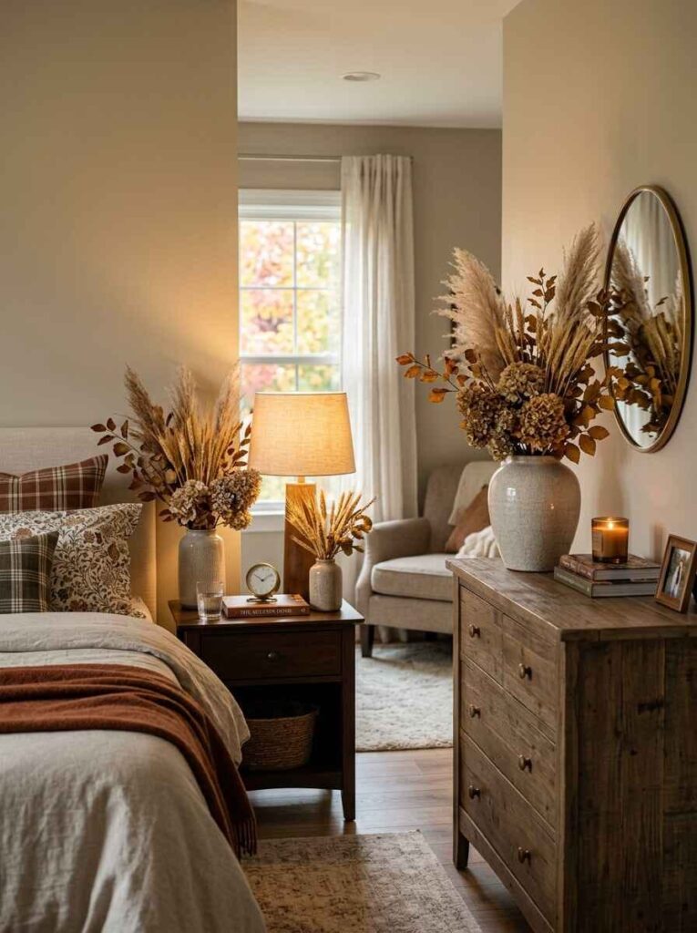 Bedroom dresser and nightstand decorated with large ceramic vases filled with fluffy pampas grass and dried wheat stems.