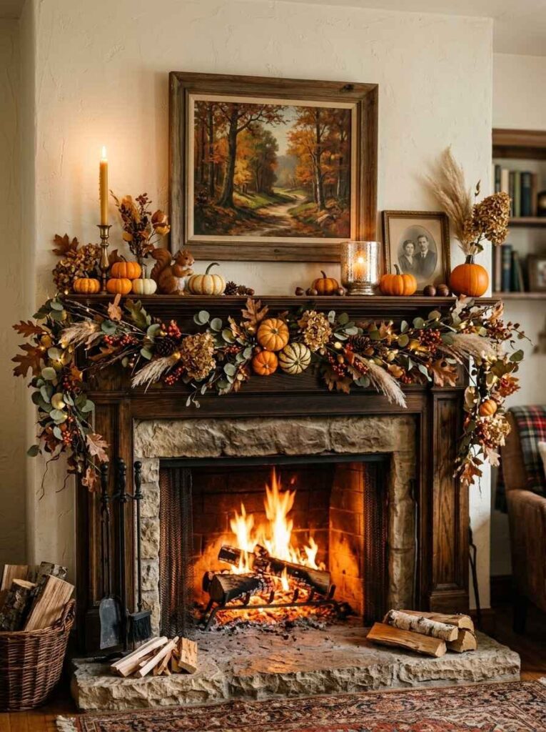 Rustic dark wood fireplace mantel styled with lush autumn foliage garland, miniature pumpkins, and an oil painting.