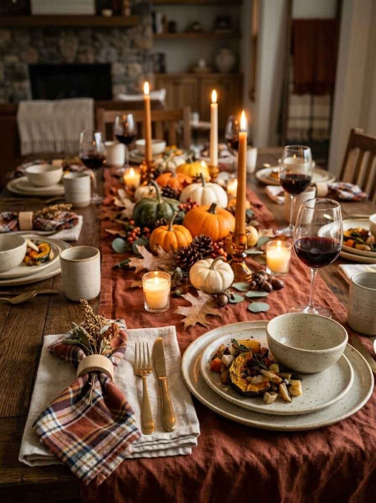 Rustic fall dining table styled with a rust linen table runner, plaid cloth napkins with wooden rings, and speckled ceramic dinnerware.