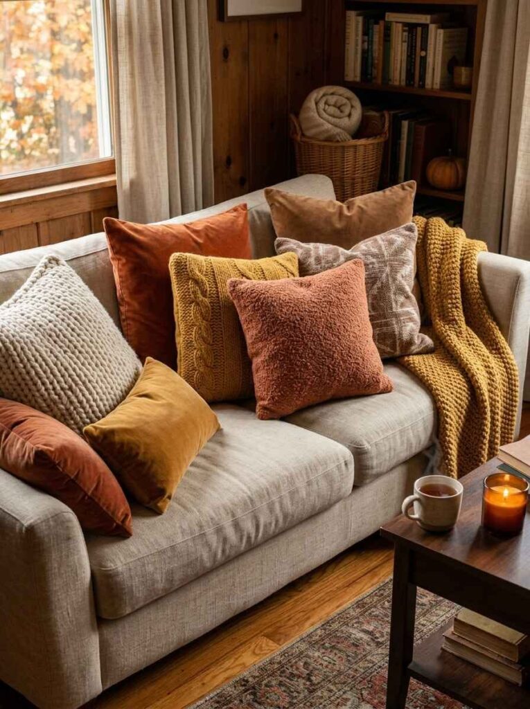 Neutral sofa styled with a rich mix of fall throw pillows in rust velvet, mustard cable knit, and terracotta bouclé. (fall living room ideas)