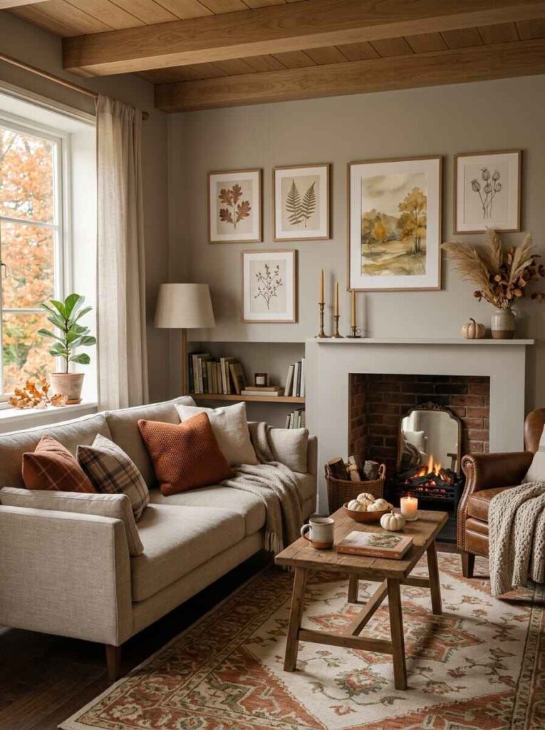 Living room fireplace wall featuring a framed botanical autumn leaf gallery wall above a neutral sofa with rust pillows.