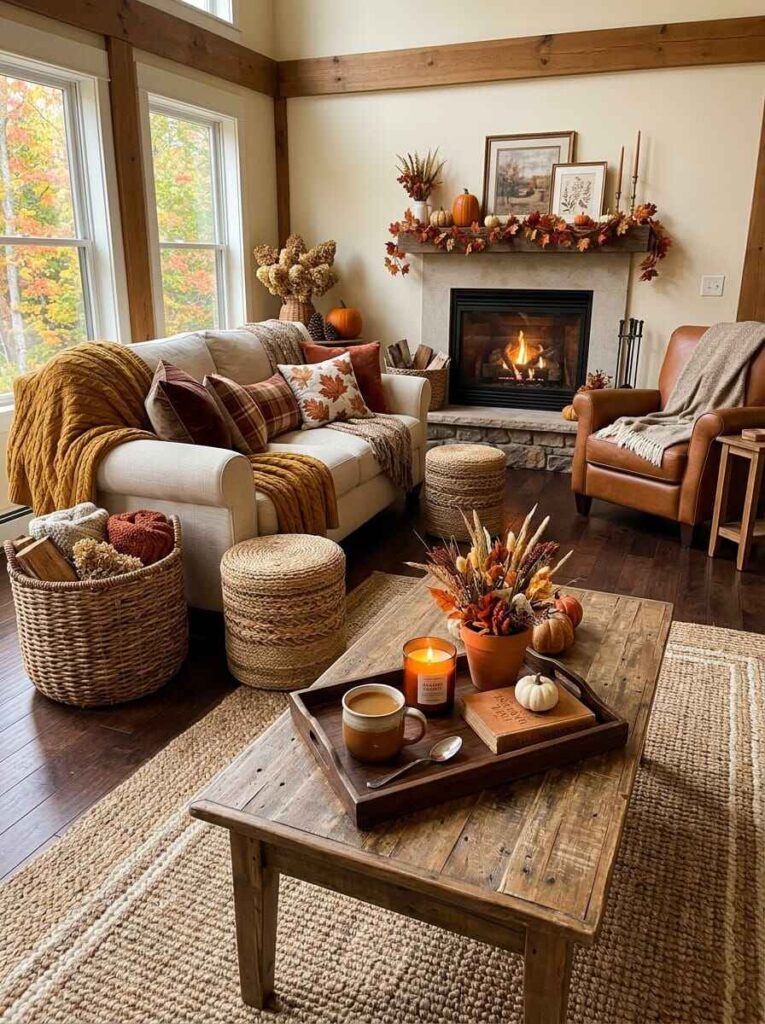 Warm fall living room with woven rattan ottomans, wicker storage baskets, wooden coffee table, and stone fireplace.