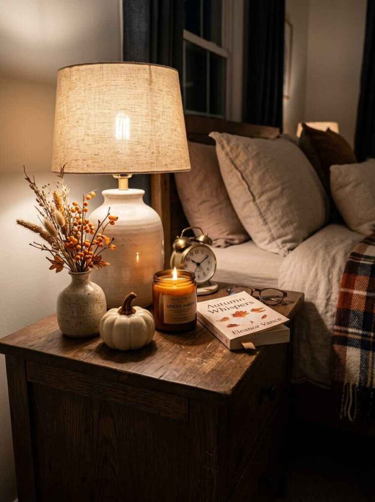 Wooden bedside table styled with a ceramic table lamp, small dried wheat vase, mini pumpkin, candle, and book.