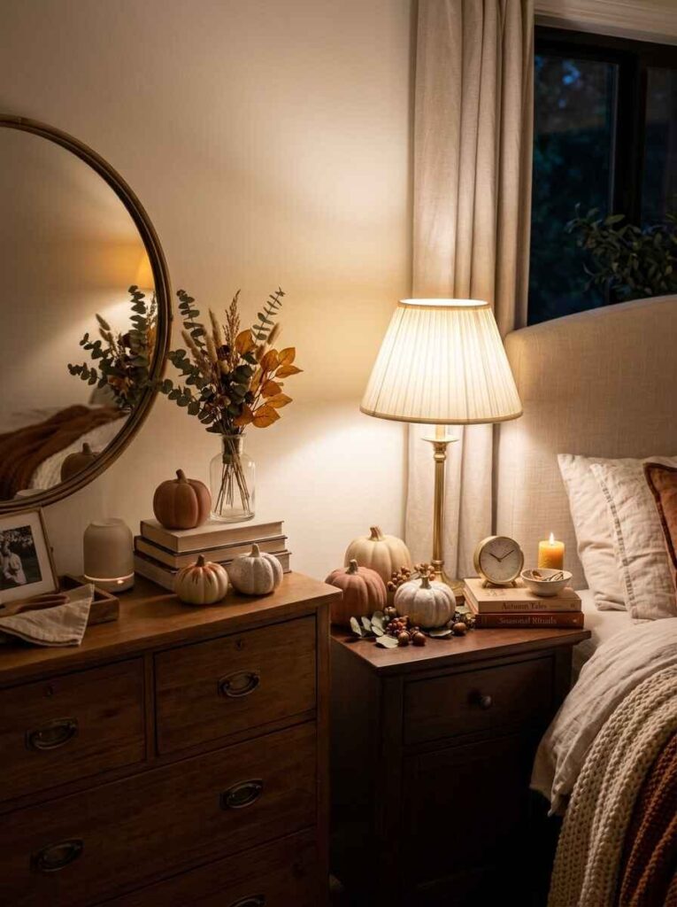 Bedroom nightstand and dresser decorated with miniature heirloom white, cream, and terracotta pumpkins.