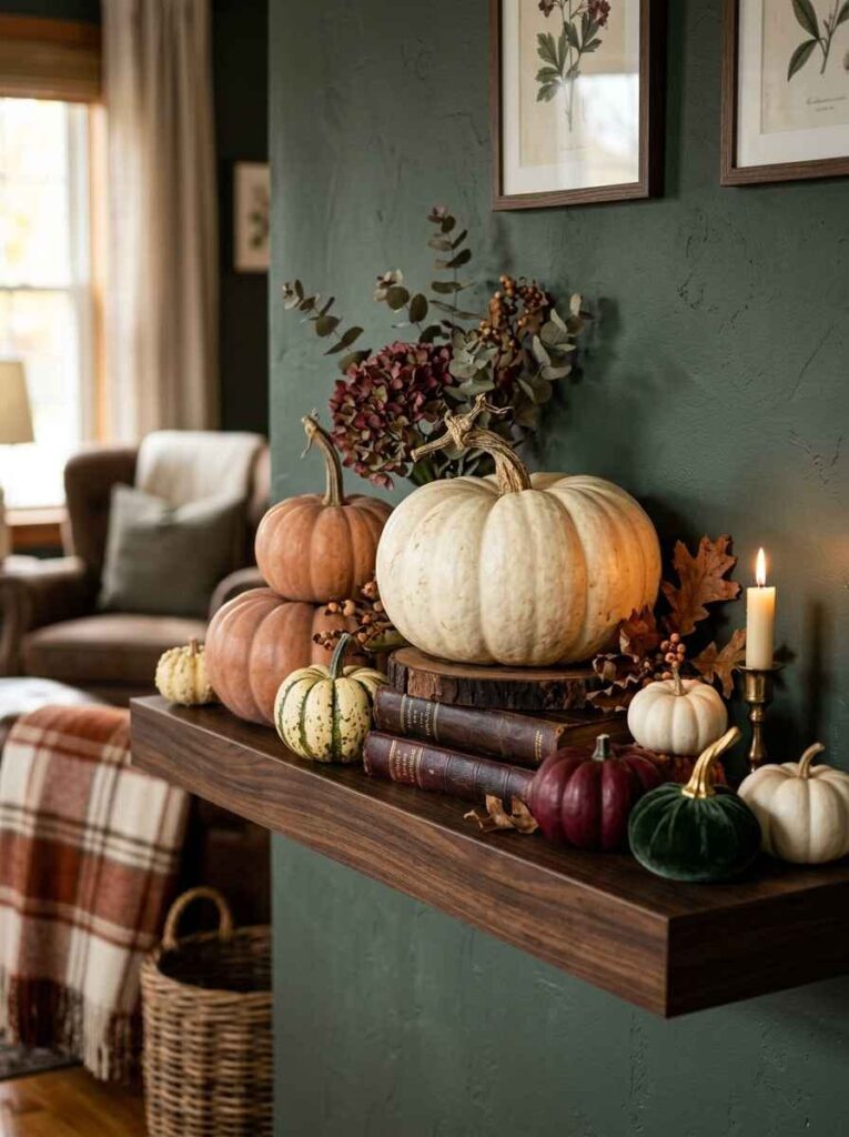 Floating dark wood shelf styled with heirloom white pumpkins, velvet gourds, antique books, and a lit taper candle.