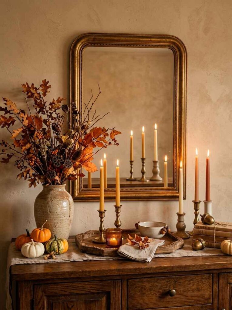 Wooden dining room sideboard styled with an antique gold mirror, tall vase of dried autumn leaves, brass taper candles, and stacked books.