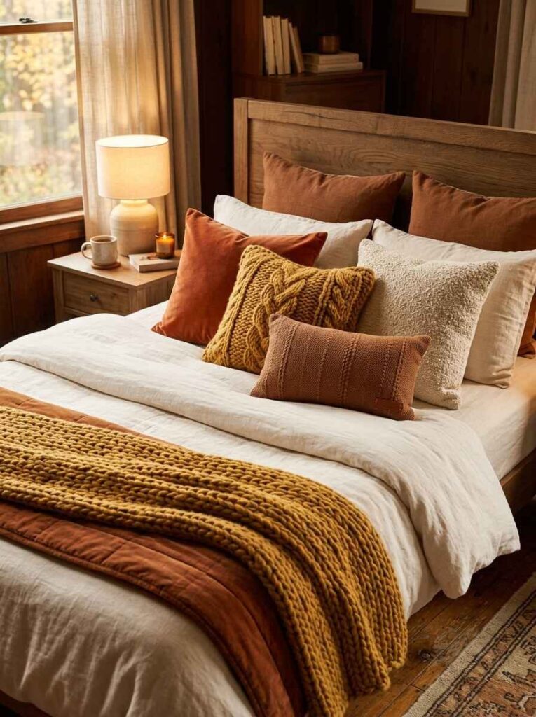 Cozy bed layered with autumn throw pillows in mustard cable knit, rust velvet, and textured bouclé.