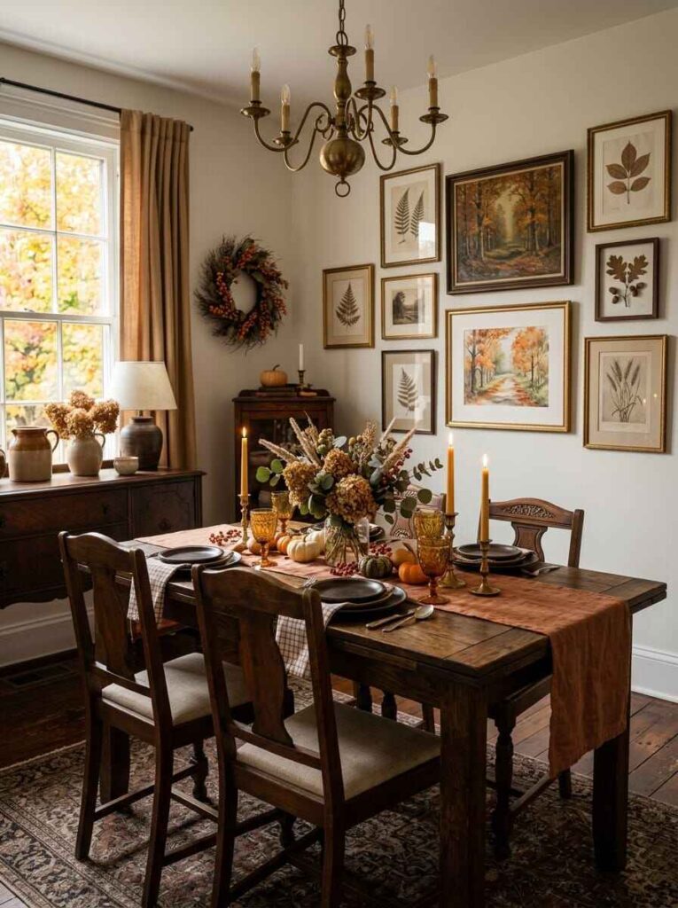 Classic dining room featuring an autumn landscape and botanical gallery wall above a dark wood table with a brass chandelier.