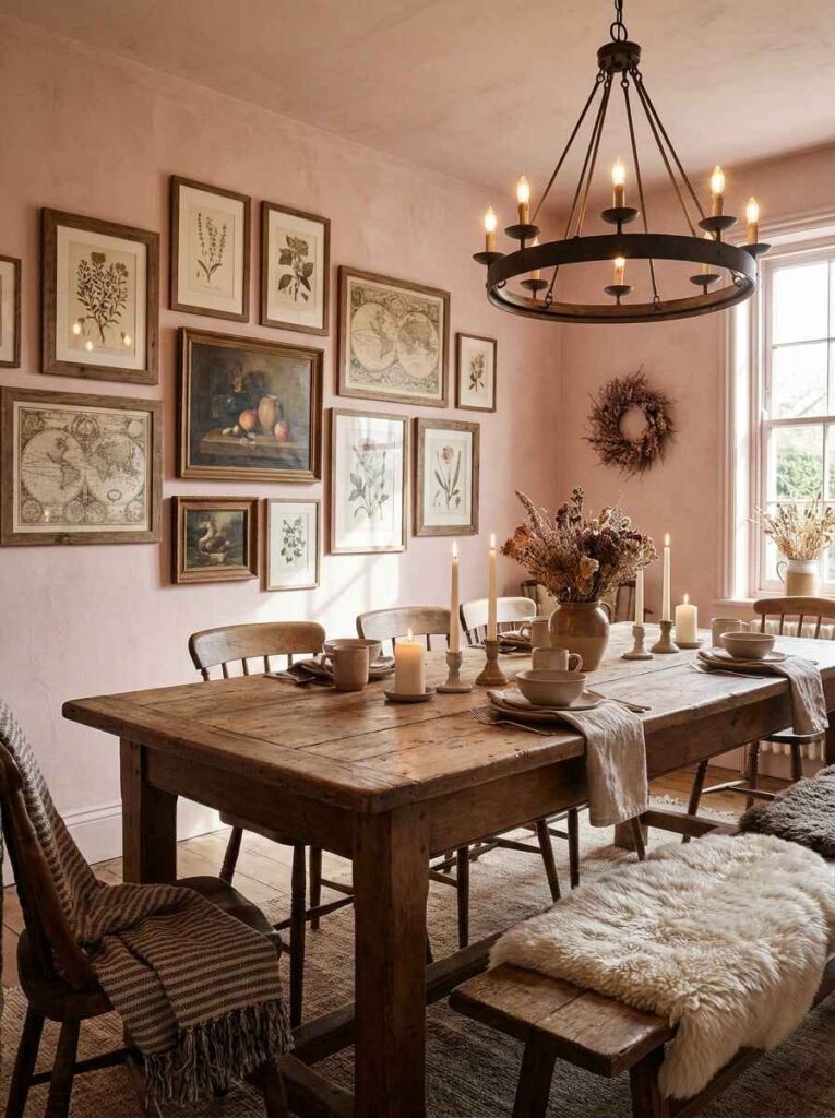Rustic farmhouse dining room with a reclaimed wood table, sheepskin bench, round iron chandelier, and antique framed artwork.