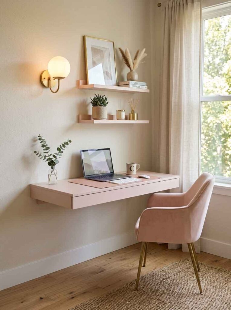Minimalist pink floating wall-mounted desk with matching picture shelves, gold wall sconce, and cozy velvet chair in a small nook.