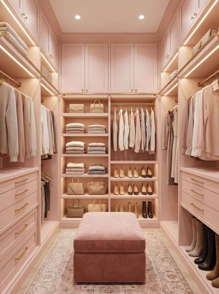 Floor-to-ceiling blush pink walk-in closet system with integrated LED strip lighting, open clothing racks, and handbag cubbies.