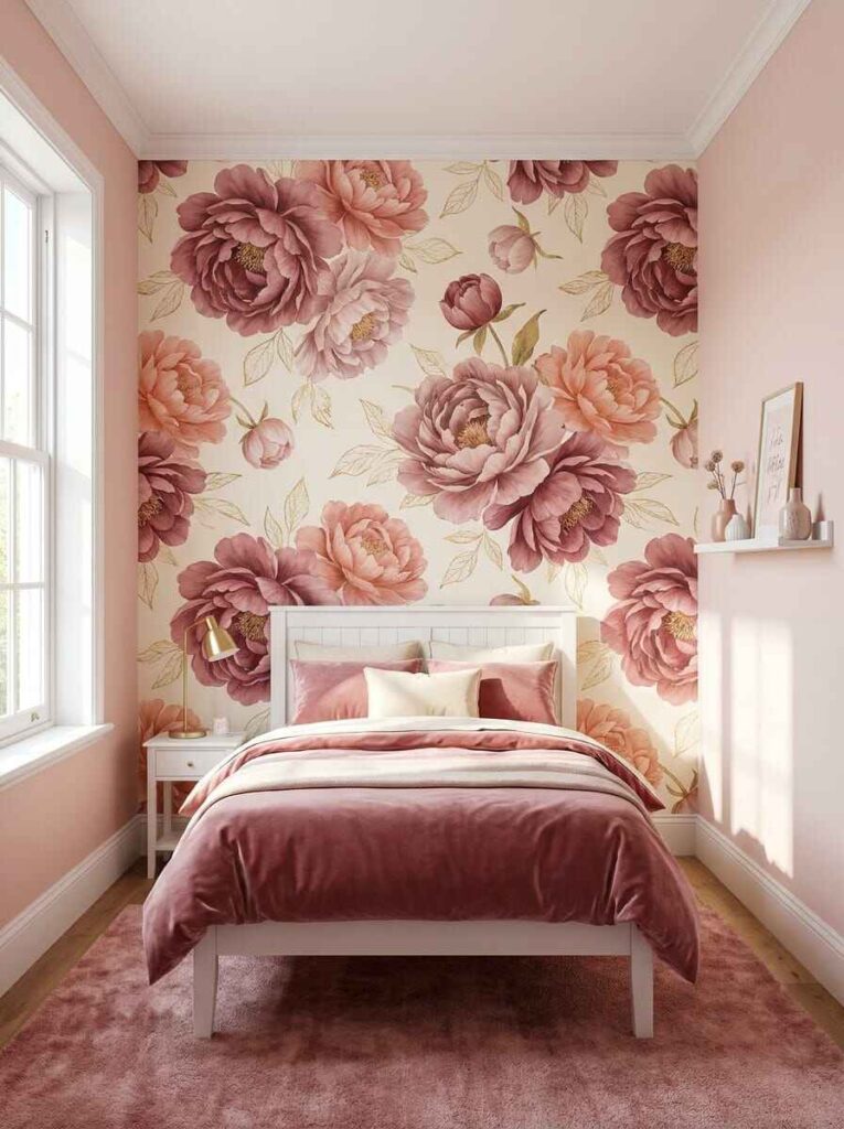 Cozy kids bedroom featuring an oversized pink peony floral wallpaper accent wall behind a white wooden bed with velvet duvet.