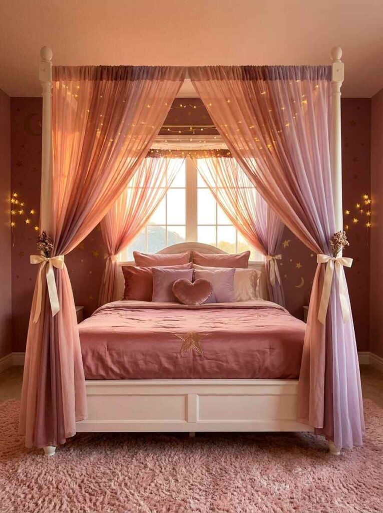 Dreamy kids four-poster canopy bed draped with sheer pink and lavender curtains, fairy lights, and star pillow.