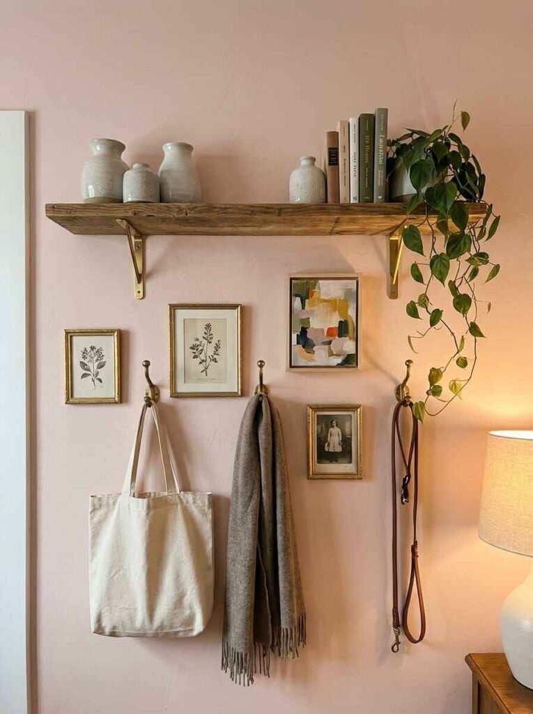 Functional pink entryway wall with rustic wood shelf, brass coat hooks, hanging canvas tote, and framed mini art.