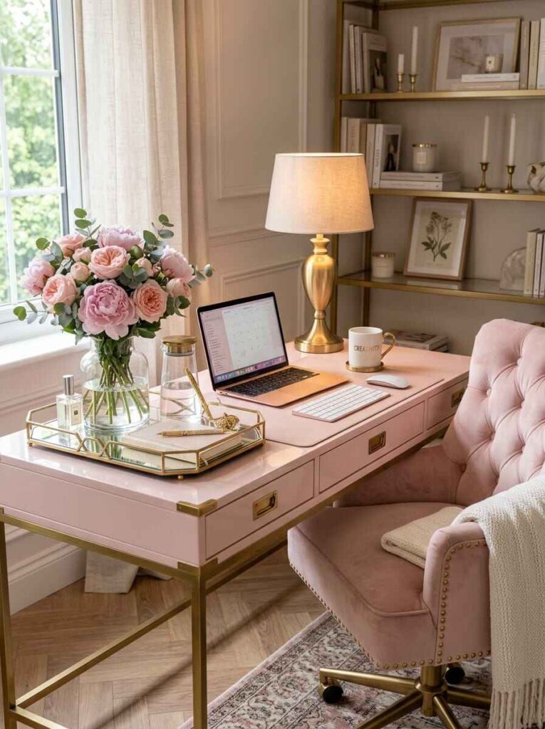 Glam pink lacquer office desk featuring polished gold corner hardware, mirrored vanity tray, fresh peony flowers, and velvet chair.