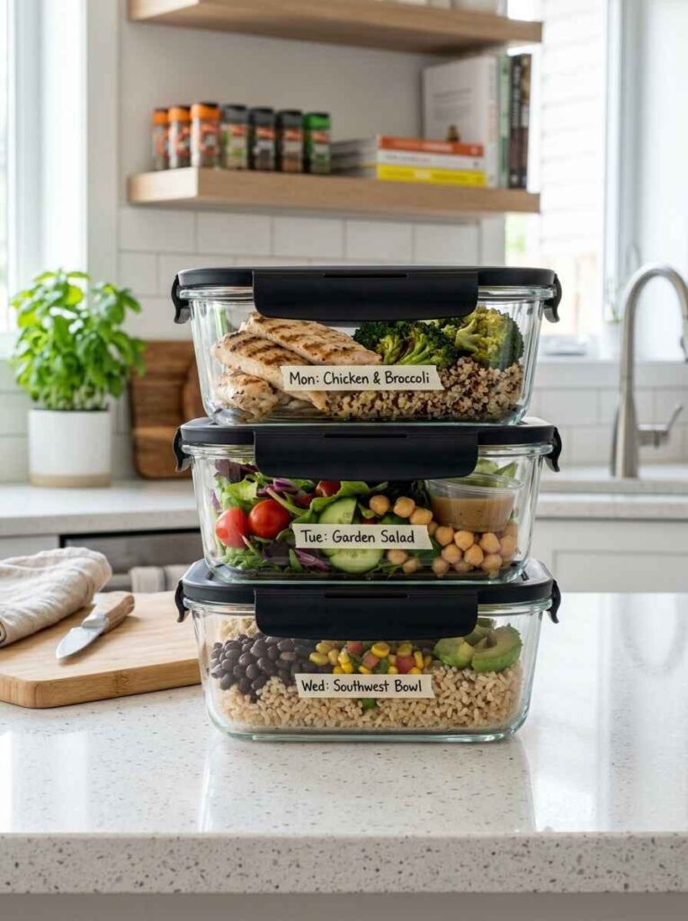 Stack of three airtight glass meal-prep food storage containers with locking lids filled with healthy prepared lunches.