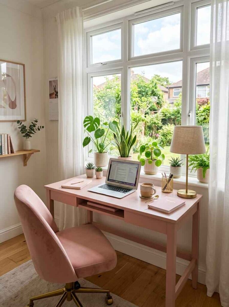 Pink home office desk positioned directly in front of a bright garden window with potted houseplants and brass lamp.