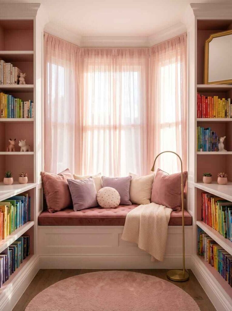 Built-in bay window reading nook in a pink kids bedroom with soft velvet bench cushion, colorful books, and sheer curtains.