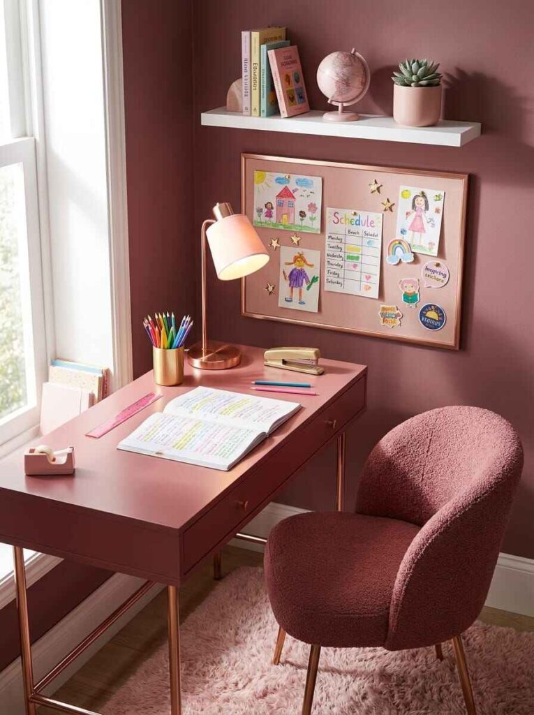 Compact kids study corner with a pink desk, bouclé chair, notice board with drawings, and floating book shelf.