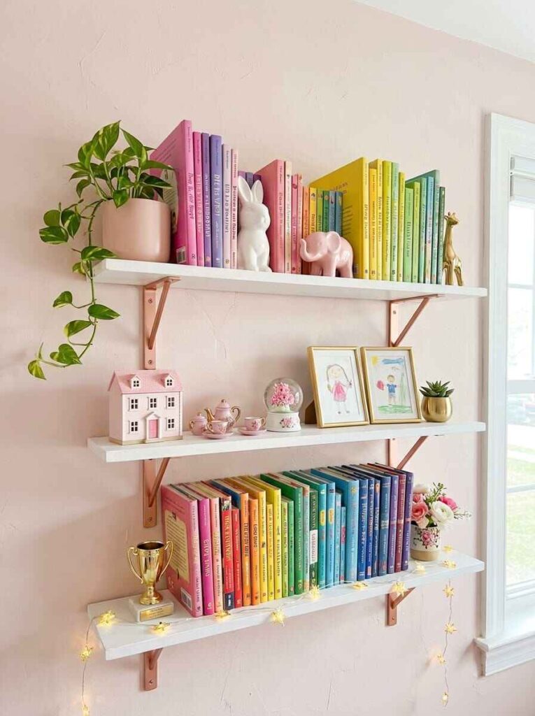 Three white floating wall shelves with rose gold brackets holding colorful children's books, toys, and framed art.