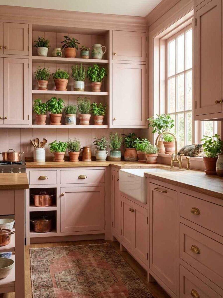 Sunny cottage kitchen corner with rows of potted basil and rosemary herbs on open shelves and along the farmhouse sink window sill.