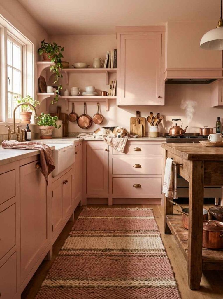 Cozy pink country kitchen with a striped textured wool runner rug, farmhouse sink, hanging copper pots, and sleeping dog on counter.
