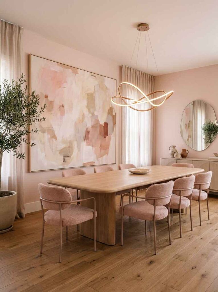 Contemporary dining room featuring an oversized abstract canvas painting, curved oak table, pink boucle chairs, and modern ribbon chandelier.
