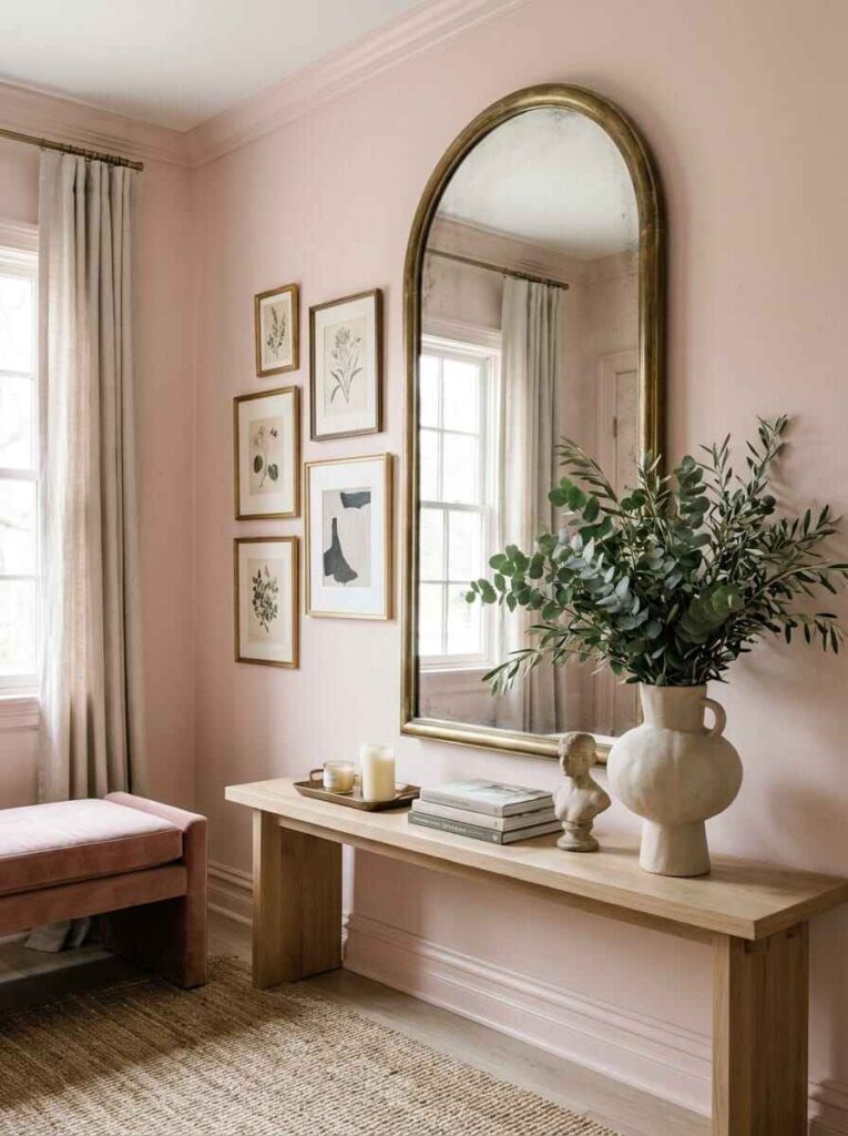 Layered entryway console table styled with an arched brass mirror, stacked framed botanical prints, and a large olive branch vase.