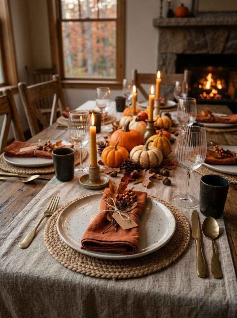 Autumn dining table place setting with round woven placemat, linen runner, rust cloth napkin, and mini pumpkins.