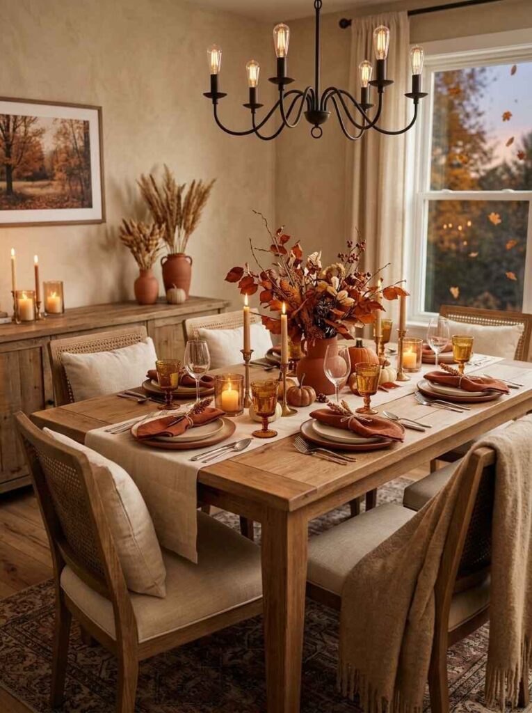 Warm layered lighting in a fall dining room with a black iron chandelier, glowing taper candles, and cane dining chairs.