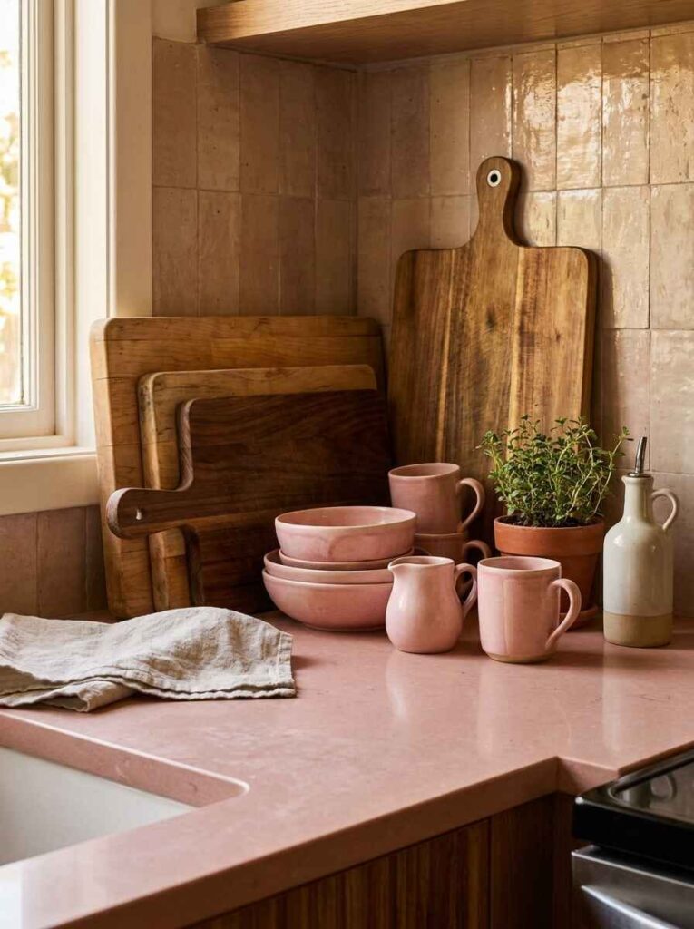 Pink composite kitchen countertop styled with layered vintage wooden cutting boards, pink ceramic bowls, mugs, and an olive oil bottle.