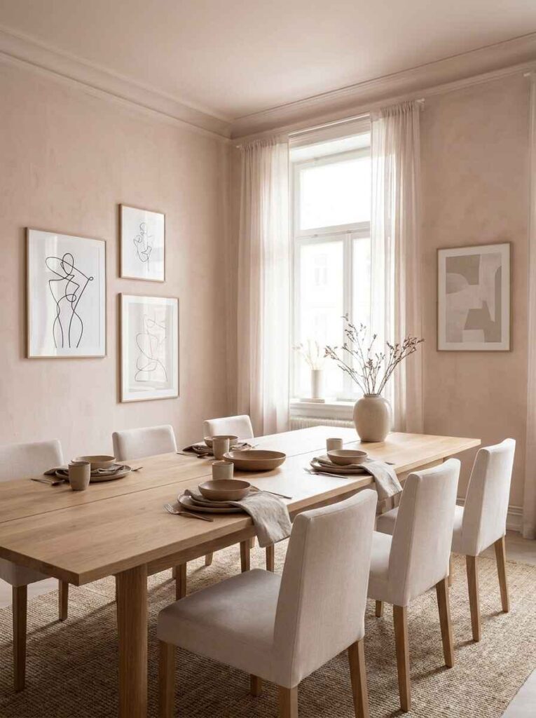Bright dining room with long oak table, linen chairs, and minimalist black line art prints hung on a warm plaster wall.