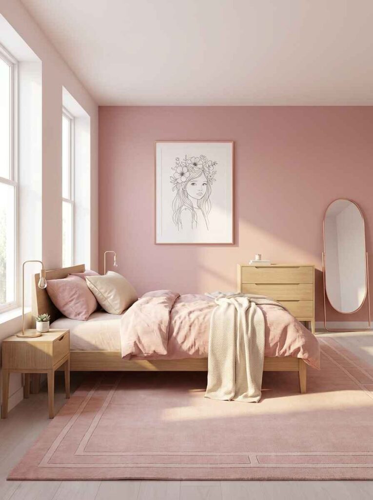 Minimalist kids bedroom with simple light oak platform bed, blush pink walls, single line-art print, and standing mirror.