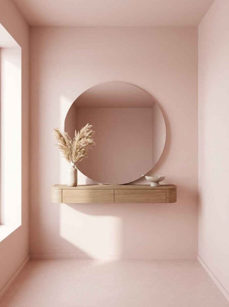 Minimalist blush pink entryway alcove featuring a floating oak shelf, large round frameless mirror, and pampas grass.