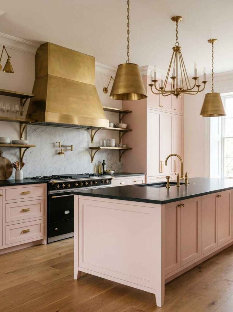 Luxury kitchen mixing warm brass range hood and dome pendant lights with black island countertop and soft pink shaker cabinets.