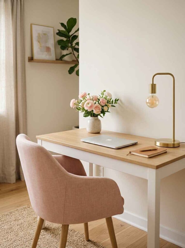 Clean and modern white desk with natural wood top, slim brass arch lamp, small vase of pink flowers, and neutral linen chair.
