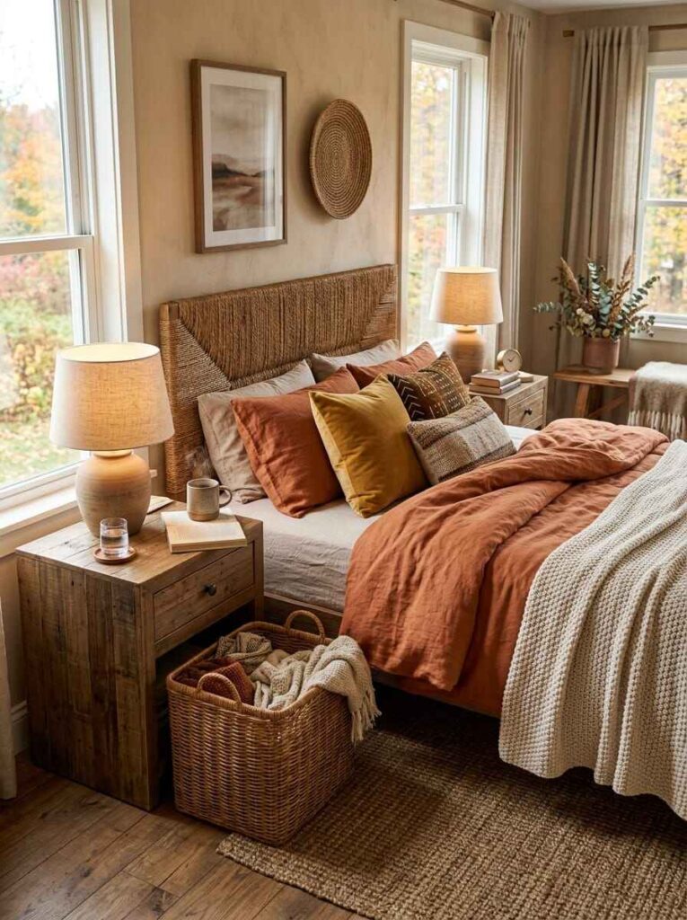 Warm bedroom styled with a woven rope headboard, wicker floor basket, linen bedding, and natural wood nightstand.