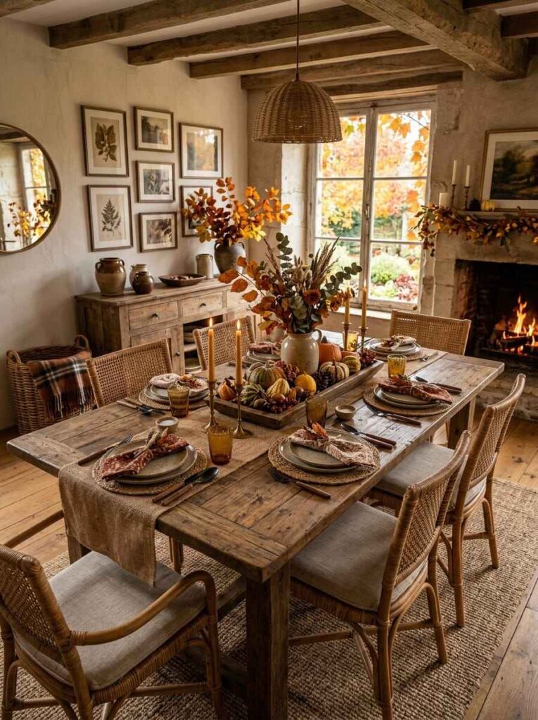 Rustic fall dining room featuring woven rattan chairs, a wicker pendant light, a jute rug, and a wood dough bowl.