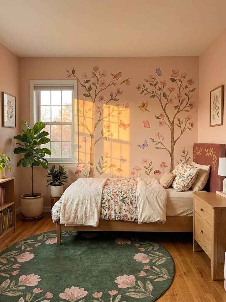 Nature-inspired kids bedroom with painted tree wall mural, green floral rug, indoor potted plants, and wooden platform bed.