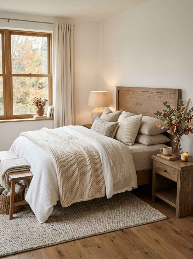 Serene neutral fall bedroom with light wood headboard, cream textured bedding, wool area rug, and dried botanicals.