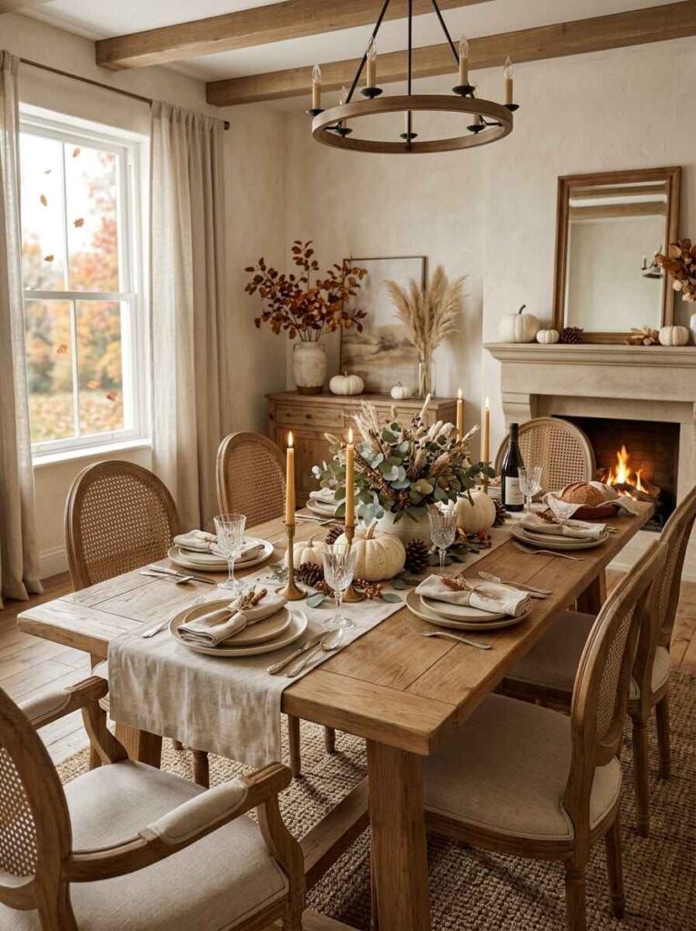 Serene neutral fall dining room with cream linen runner, white pumpkins, cane-back chairs, and stone fireplace.