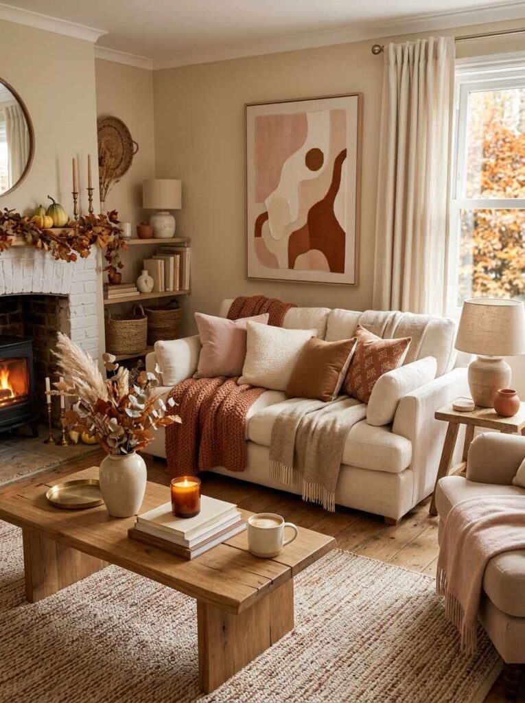 Serene neutral fall living room featuring cream sofa, muted blush and rust pillows, modern abstract art, and textured rug.