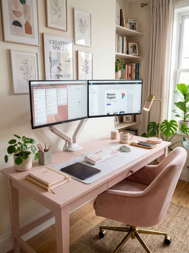 Modern pink home office desk setup featuring dual monitors mounted on white arms with mechanical keyboard and gallery wall.