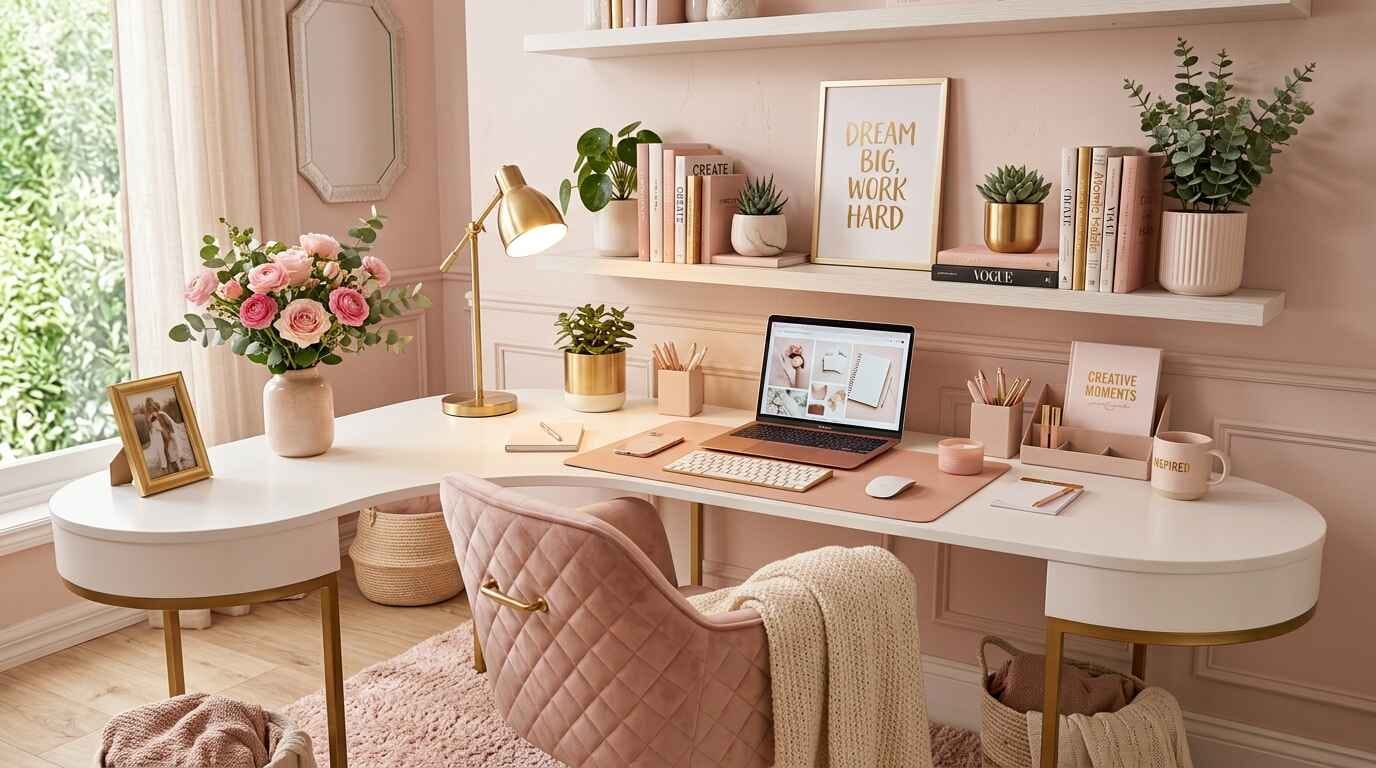Beautiful curved white and gold home office desk setup with pink quilted chair, brass task lamp, and styled floating wall shelves.