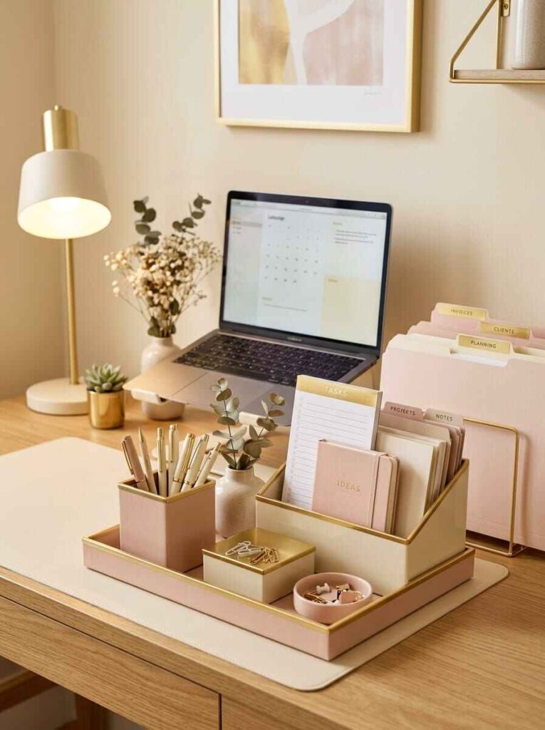 Organized wooden office desk featuring blush pink and gold stationery organizers, pen cups, note pads, and task lamp.