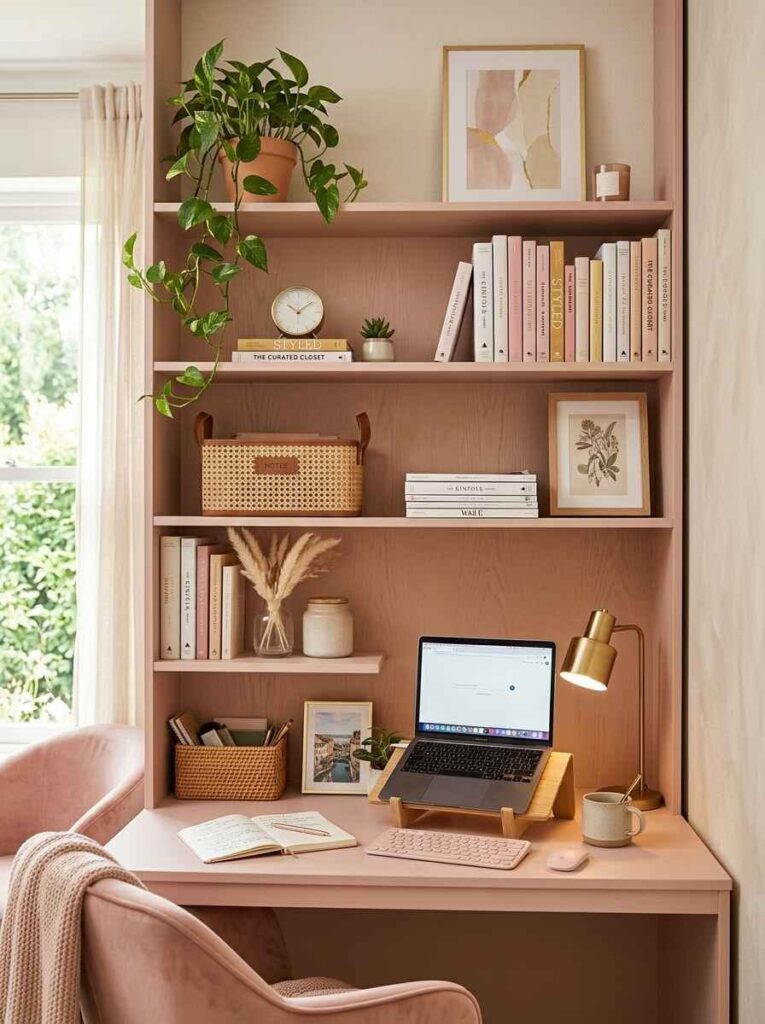 Pink home office desk with integrated vertical bookshelf hutch filled with books, trailing plant, woven storage basket, and laptop stand.